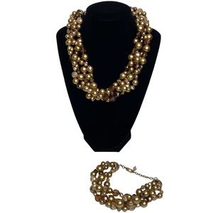 Fashion Jewelry Necklace And Bracelet Set Neutral Brown Champagne Gold Tone